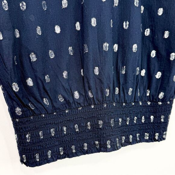 Ann Taylor Factory Navy Blue Silver Metallic Polka Dot Lightweight V Neck Blouse - Picture 11 of 15